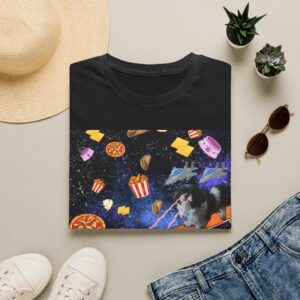Cuddles Galaxy Snack Party T-Shirt — Space Pizza, Popcorn & Retro Arcade Design